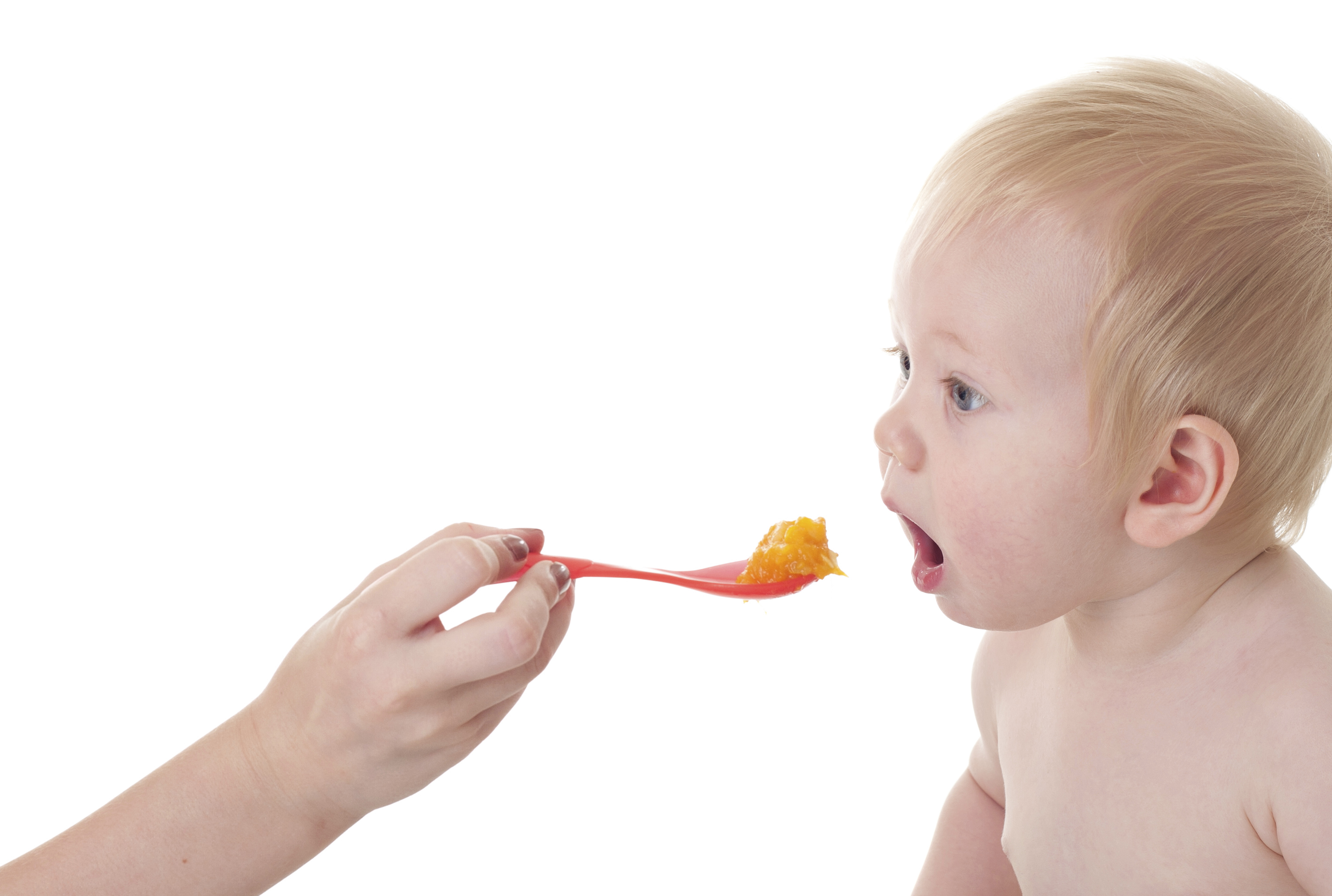 Baby willingly eating from spoon offered by parent Baby willingly eating from spoon offered by parent